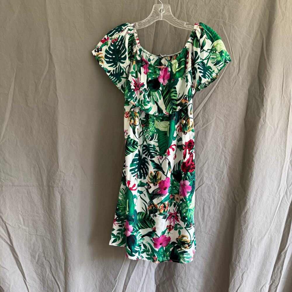 IRIS Tropical Floral Mini Dress Rayon Off Shoulder Resortwear Women's Size Small - Picture 2 of 10
